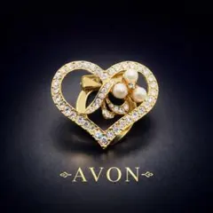 極美品 AVON エイボン ハート パール ブローチ スカーフクリップ ゴールド