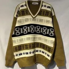 70s 80s usa古着 マスタード Vネック ニットセーター Lサイズ