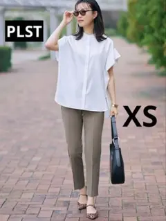 PLUS STYLE スティックパンツ（リネンブレンド） オリーブ　XS