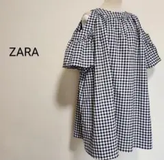 ZARA TRF オープンショルダー バルーン袖チェック柄チュニックワンピのサムネイル