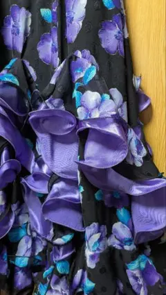 社交ダンス用ドレス 黒紫花柄 フリル付き