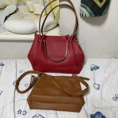 リバーシブル赤トートバッグと茶色ショルダーバッグセット