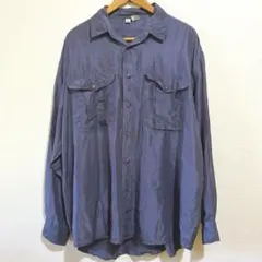 高級シルク100% 長袖シャツ XL 薄パープルネイビー　 ビッグシルエット