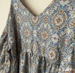 ワンピース ボヘミアン柄 マキシ丈 フローラル パフ 夏服 ライトブルー