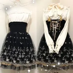 【2点セット】蝶柄チュールハイウエストスカート、リボン付きブラウス★axes