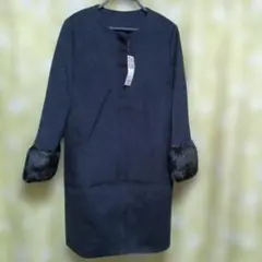 GU 　フェイクファー付きノーカラーコート　　ネイビー　　XL