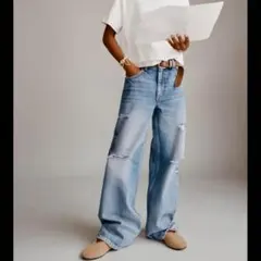 ZARA コレクションダメージリップ 　ワイドレッグ デニムパンツ164cm