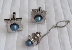 カフス ネクタイピン タイバー シルバー スクエア型 カフスボタン 青パール