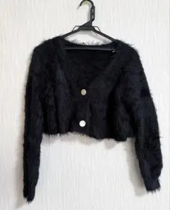 シャギーニットカーディガン クロップド ショート丈 ブラック 黒