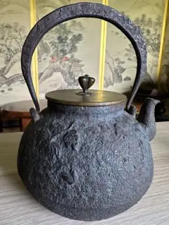 大正15年/特注品名門 龍文堂造 古鉄瓶 唐銅蓋 在銘 骨董 煎茶道具（箱
