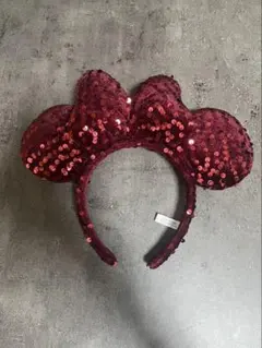 ミニー耳カチューシャ　ベロアスパンコール　赤　ボルドー