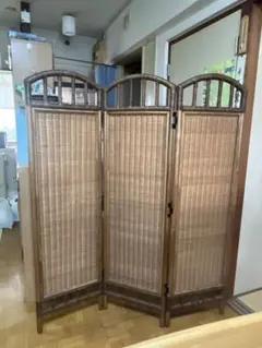 アンティーク 3連 ラタン 木製 パーテーション 衝立 間仕切り kazama