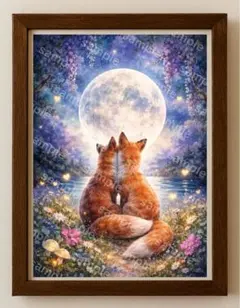【水彩画アート】月見の夫婦キツネ　2L版写真用紙