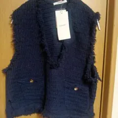 DISCOAT ネイビー ツイード風フリンジ ベストFサイズ