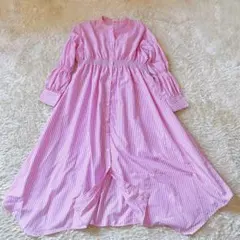 as know as 春夏 ロングワンピース 長袖 マキシ バンドネック ピンク