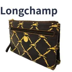Longchamp ロンシャン クラッチバッグ ホースロゴ 総柄 レザー 茶