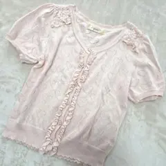【美品】リズメロ　LIZ LISA ハート柄 半袖カーディガン ピンク　フリルのサムネイル