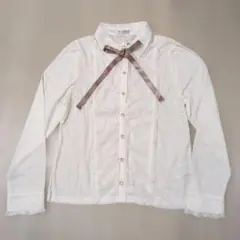 レース付き白長袖トップス レースブラウス風カットプルオーバー(白-Ｍ)