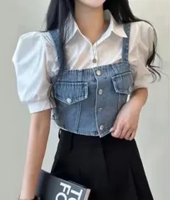 SpRay デニムビスチェ パフスリーブシャツ セット