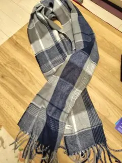 チェック柄 マフラー ストール グレー ネイビー フリンジ　大判