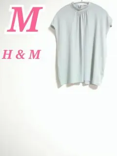 H&M スタンドカラー ブラウス オリーブ Mサイズ 半袖 大人きれいめコーデ
