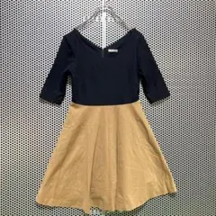 【La TOTALITE】バイカラー　ひざ丈　ワンピース　5分袖　レーヨン混　F