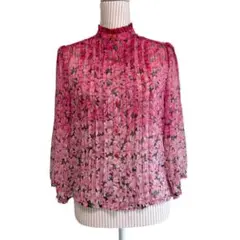 日本製【マイローブ】グラデーション花柄 フリル襟 ピンタック シフォン ブラウス