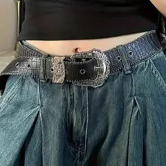 ウエスタンベルト 黒 Y2K スタッズ 彫りバックル クロコ ヴィンテージ風