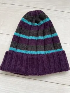 ニット帽 紫 グレー 青 ストライプ