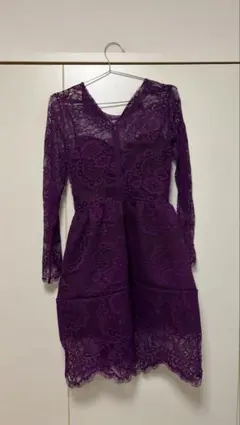 パープル レース 長袖 フレアドレス