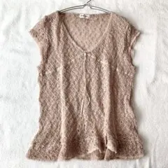 【Over Joy】ニットベスト 胸元リボン レース有 Vネック 透け感有 L
