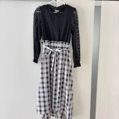 axes femme 長袖ひざ丈ワンピース ブラック・チェック柄