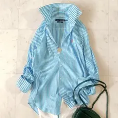 美品＊ラルフローレン SLIM FIT ストライプシャツ ポニー刺繍 ブルー系