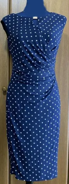 LAUREN ネイビー ドット柄 ノースリーブ ワンピース