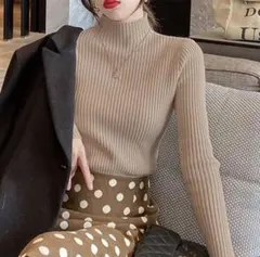 【新品】ハイネックニット ボトルネック リブニット トップス カーキ