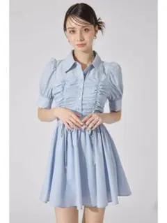 完売品☆rienda☆フロントシャーリングリボンミニハーフシャツフレアワンピースのサムネイル