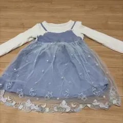 キッズ　女の子　長袖カットソーワンピース　チュール付き　120センチ　白×水色系