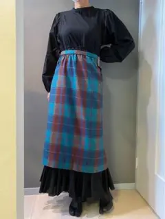 古着 ビンテージ 70s ハンドメイド 青 緑 チェック ロング スカート 美品