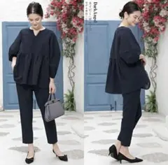 ネイビー　キーネックパール　ペプラムセットアップ Lサイズ