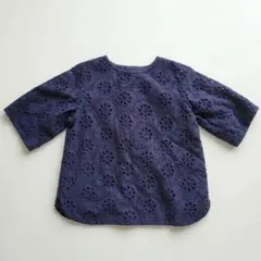 ネイビー 花柄刺繍 レースブラウス 七分袖 トップス