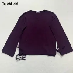 t1640 【テチチ】　ワイドリブ袖口ベルトプルオーバー　ニット　紫　Ｖネック