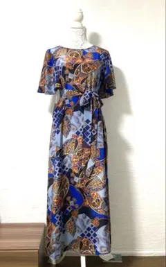 着物リメイク】ロングワンピース、超美品、リボンベルト付、洗える 