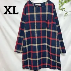チェック柄 長袖チュニック チュニックワンピース XL ネイビー×レッド