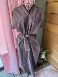 ウール❓茶色着物リメイク‼️V字ネック‼️ベルト付きワンピース‼️ハンドメイド‼️