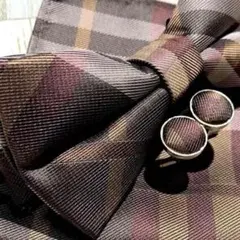 ○蝶ネクタイ ブラウン チェック柄 3点セット メンズ 結婚式 小物 前撮り