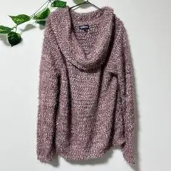 シャギーニット オフタートルネック セーター ピンクパープル ふわふわ XL