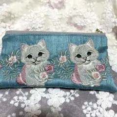 インド刺繍リボン ハンドメイドポーチ 猫