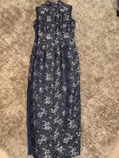 正絹チャイナドレス 龍柄 ロング丈 ネイビー シルバー刺繍 高級シルク製