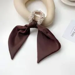 ブラウン　ヘアゴム　リボン　パール　ヘアアクセサリー　韓国　2way　お洒落