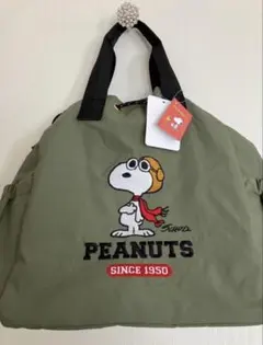 スヌーピー 刺繍ナイロン巾着バッグ トートバッグ　2wayショルダー付 カーキ
